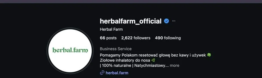 Zrzut ekranu z konta @herbalfarm_official: Konto marki dzisiaj, 2 622 obserwujących