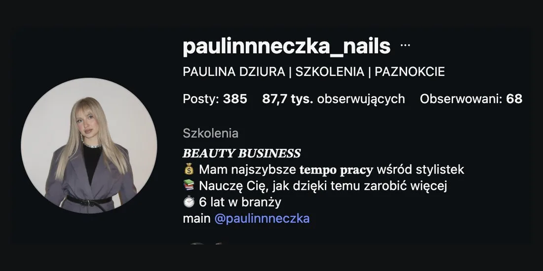 Zrzut ekranu z konta @paulinnneczka_nails: Konto dzisiaj, 87,7 tys.